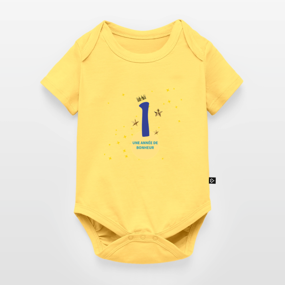 Body Bébé bio manches courtes anniversaire 1an Paix bleu - Lusoquot - jaune pastel