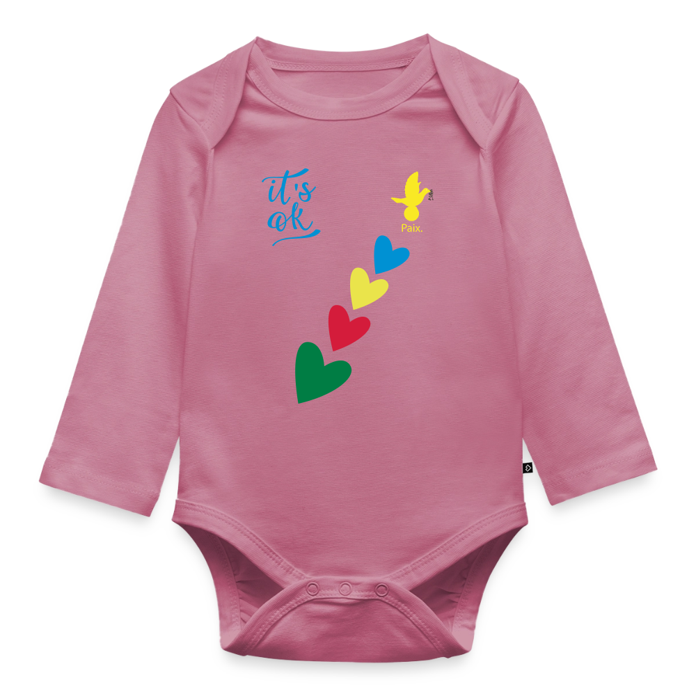 Body Bébé bio manches longues - Peace jaune trisomie - mauve