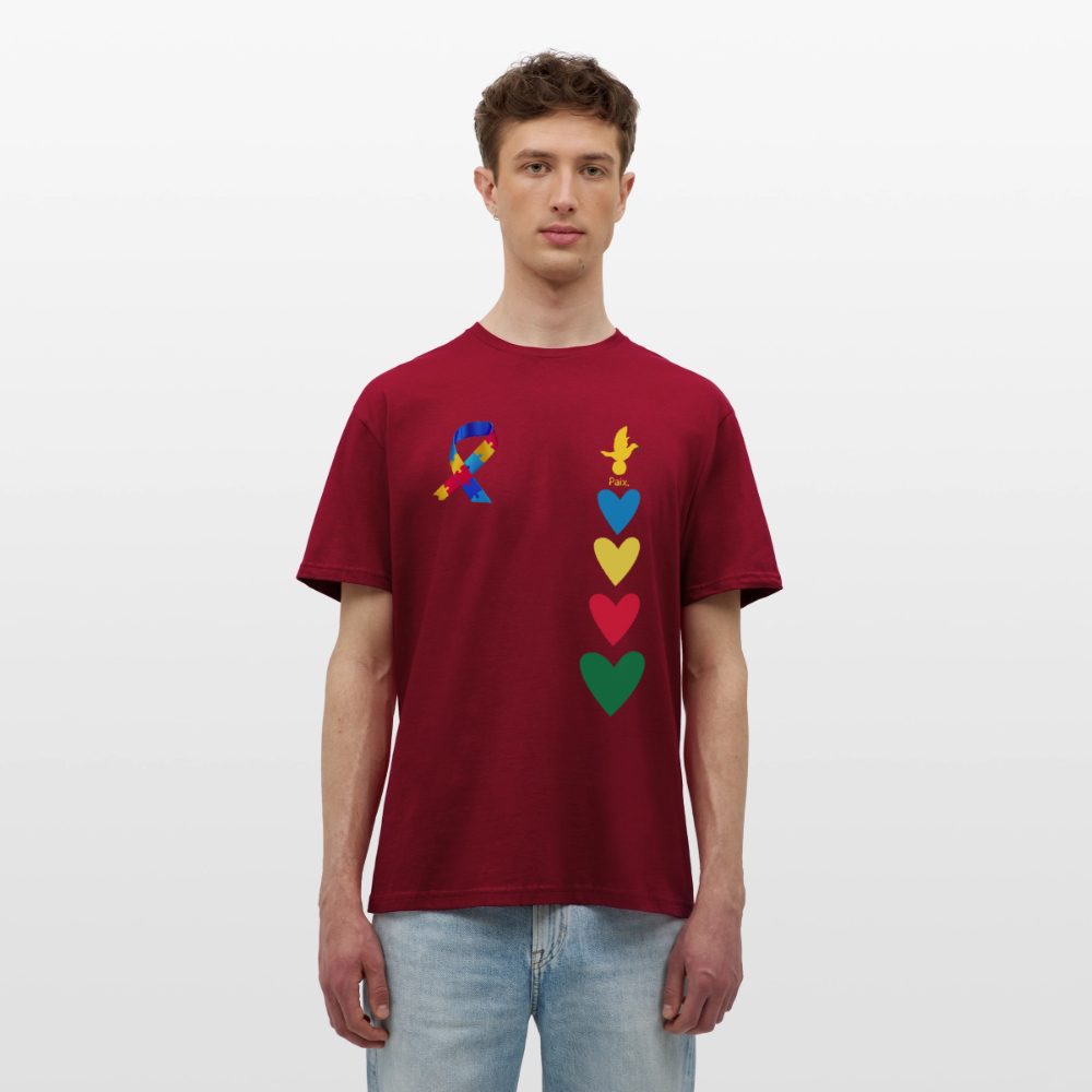 T-shirt Homme -journeemondiale trisomie 21 mars- Peace jaune - rouge brique