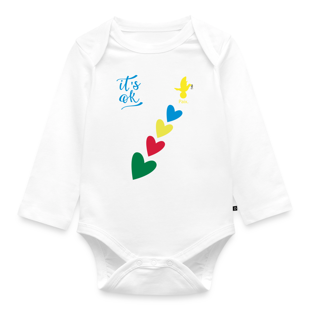 Body Bébé bio manches longues - Peace jaune trisomie - blanc