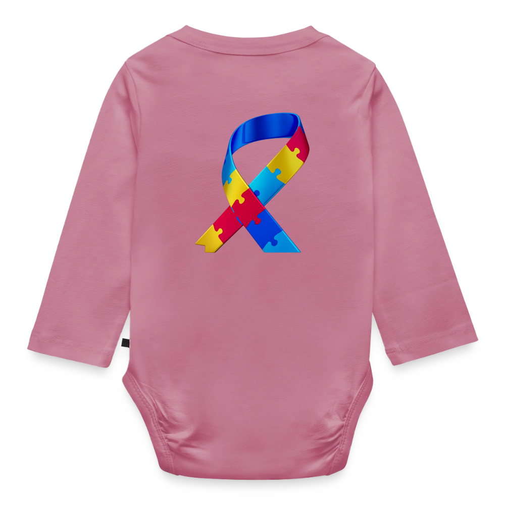 Body Bébé bio manches longues - Peace jaune trisomie - mauve