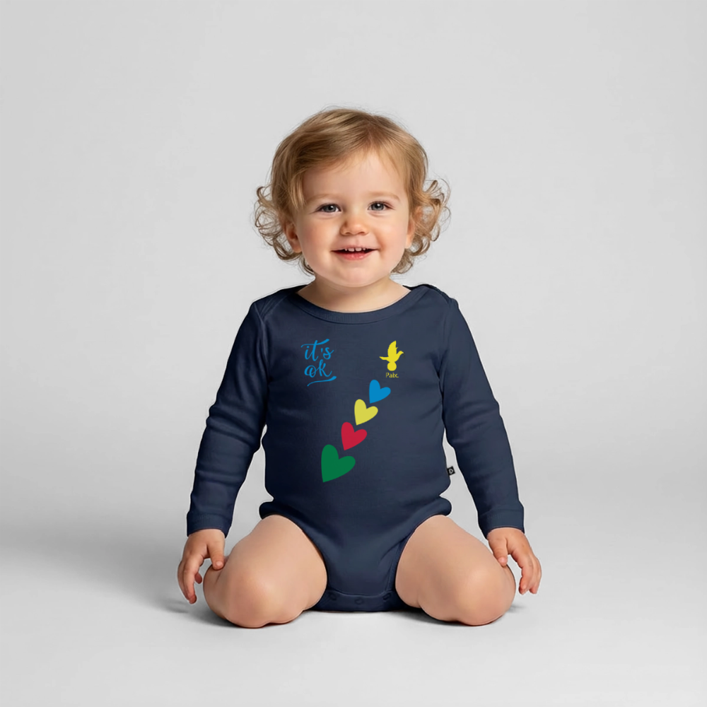 Body Bébé bio manches longues - Peace jaune trisomie - bleu marine