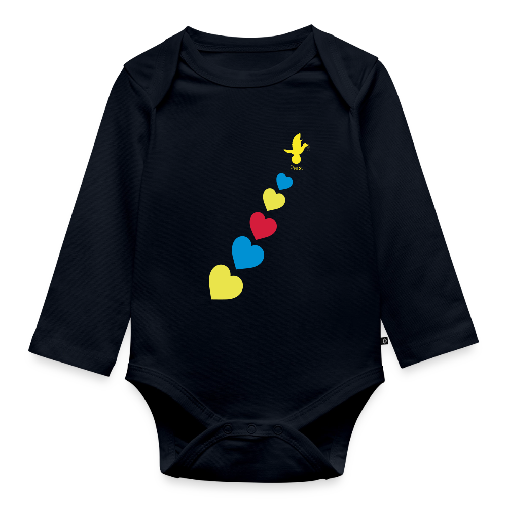 Body Bébé bio manches longues trisomie Paix jaune - Lusoquot - bleu marine