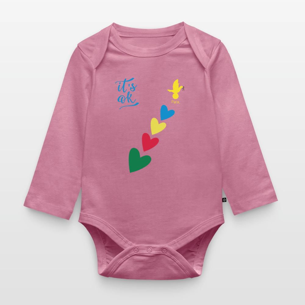 Body Bébé bio manches longues - Peace jaune trisomie - mauve
