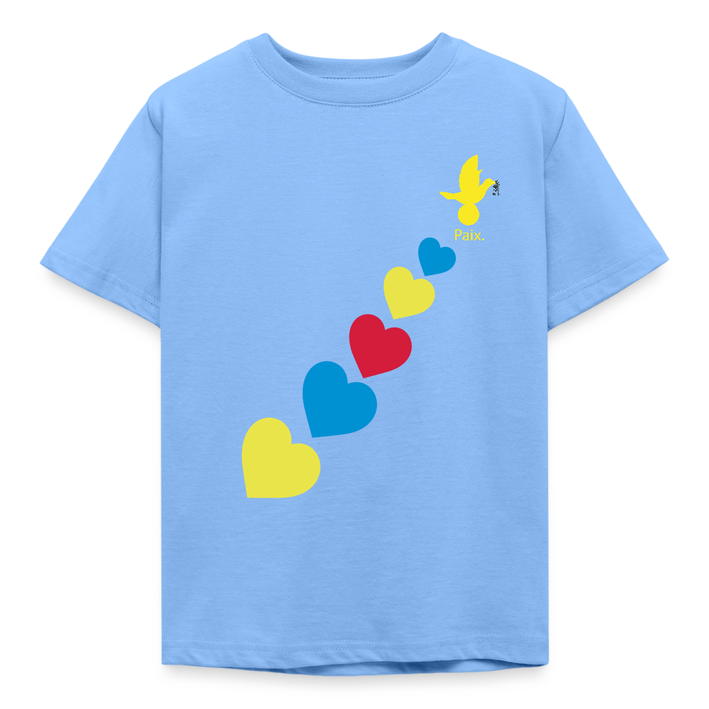 T-shirt Enfant trisomie 21 Paix jaune - Lusoquot - bleu ciel