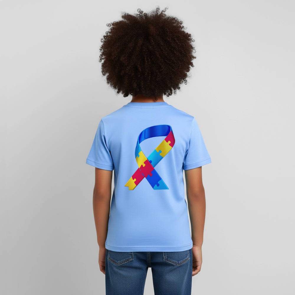 T-shirt Enfant trisomie 21 Paix jaune - Lusoquot - bleu ciel