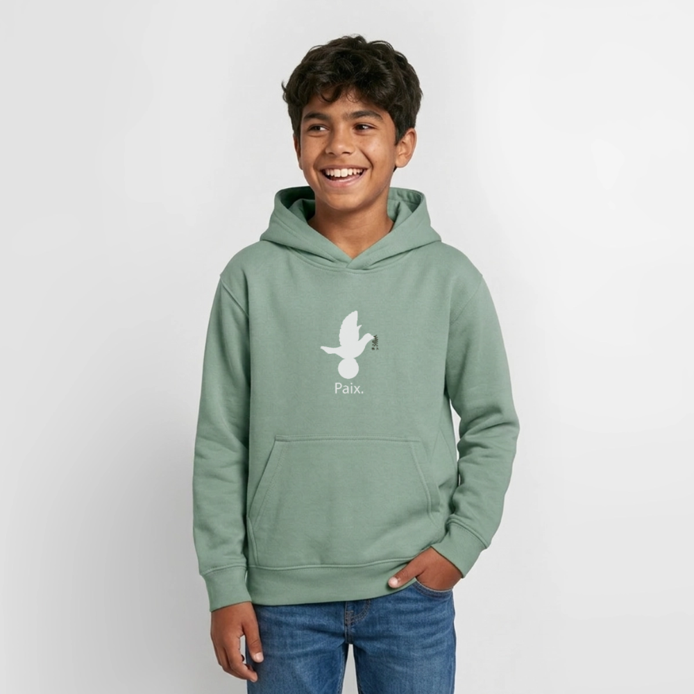 Sweat à capuche Ado Paix blanc - Lusoquot - vert-de-gris