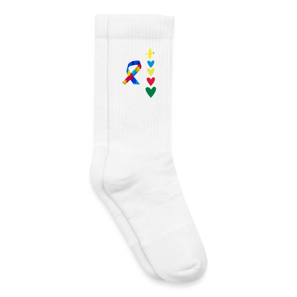 Chaussettes de tennis bio enfant - Peace jaune trisomie21 - blanc