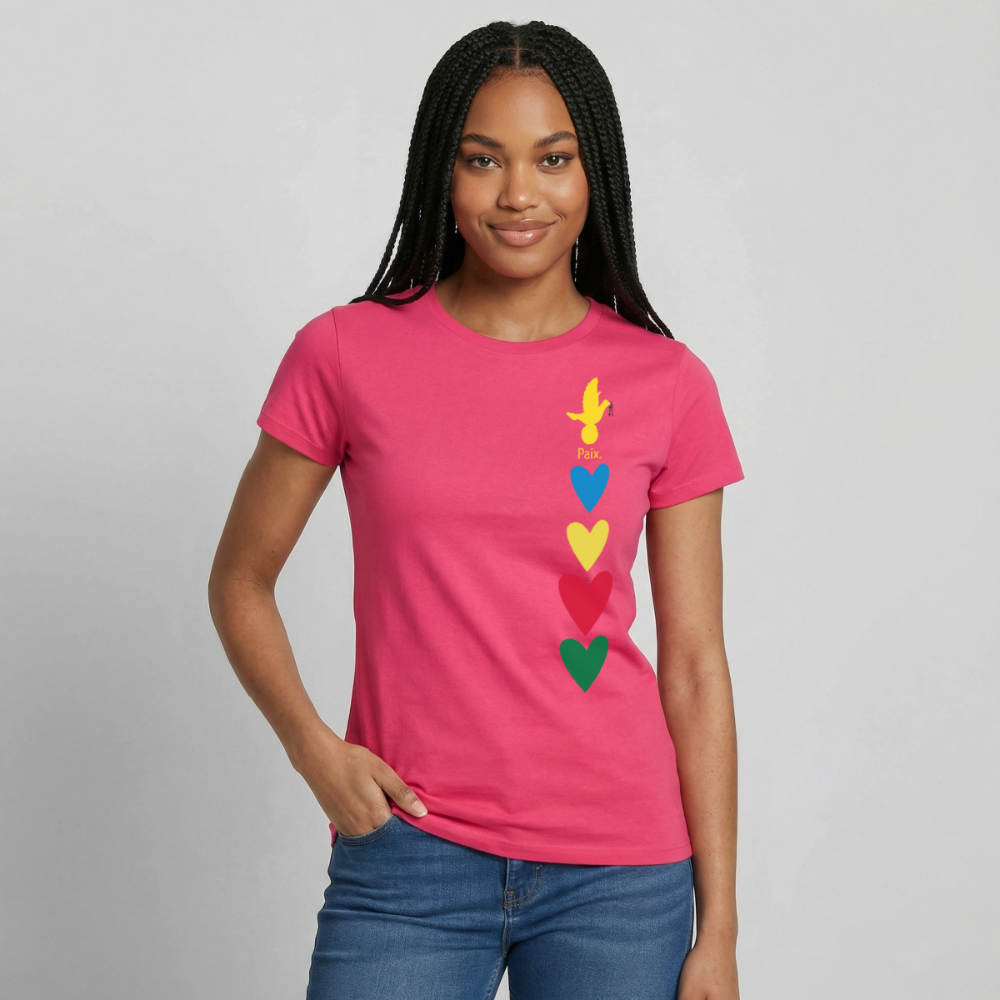 T-shirt Femme journée mondiale trisomie - Paix jaune - rose azalée