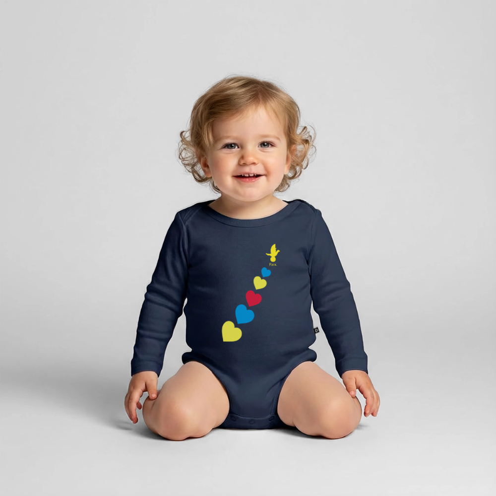 Body Bébé bio manches longues trisomie Paix jaune - Lusoquot - bleu marine