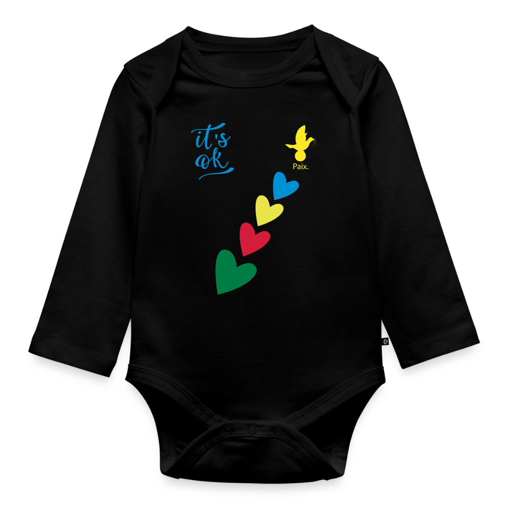 Body Bébé bio manches longues - Peace jaune trisomie - noir
