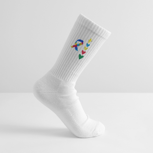 Chaussettes de tennis bio enfant - Peace jaune trisomie21 - blanc