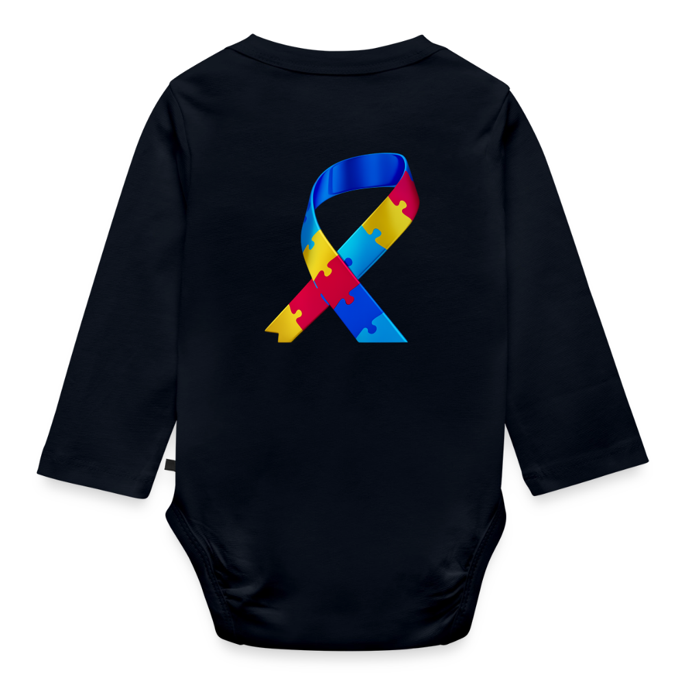 Body Bébé bio manches longues - Peace jaune trisomie - bleu marine