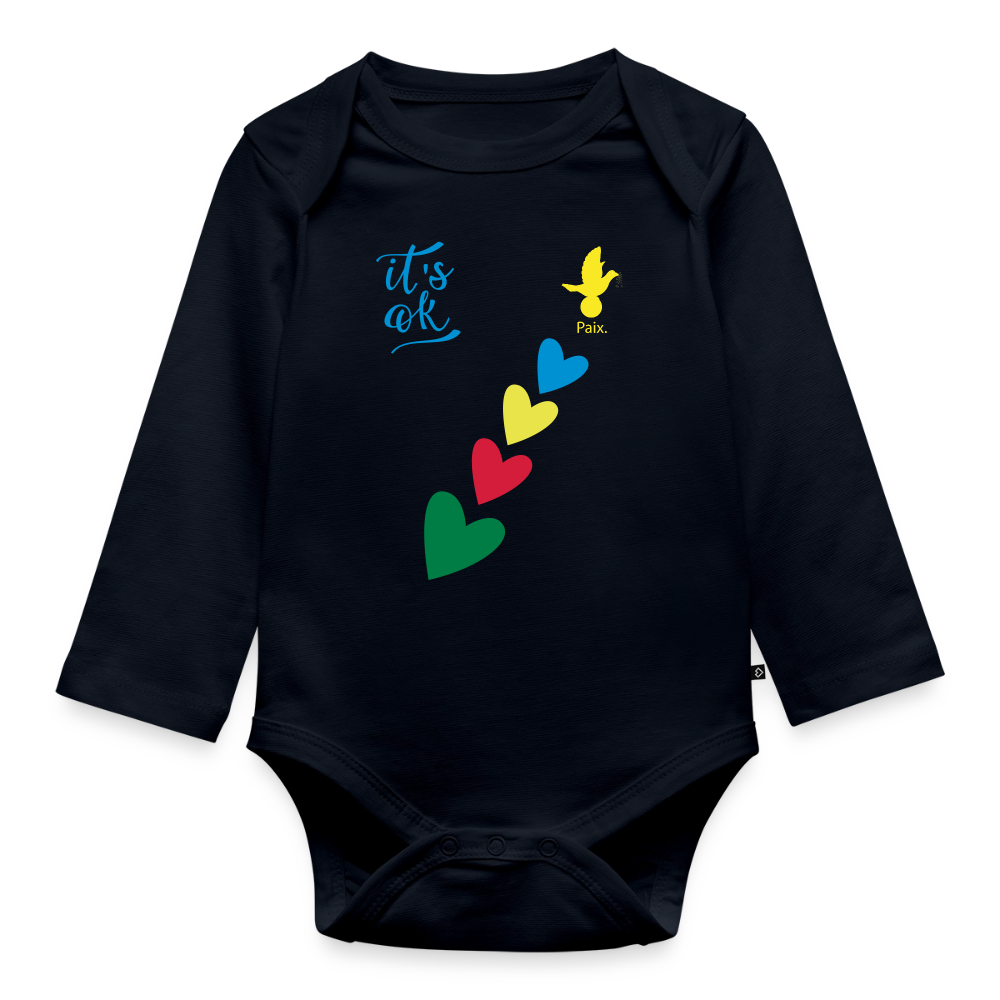 Body Bébé bio manches longues - Peace jaune trisomie - bleu marine