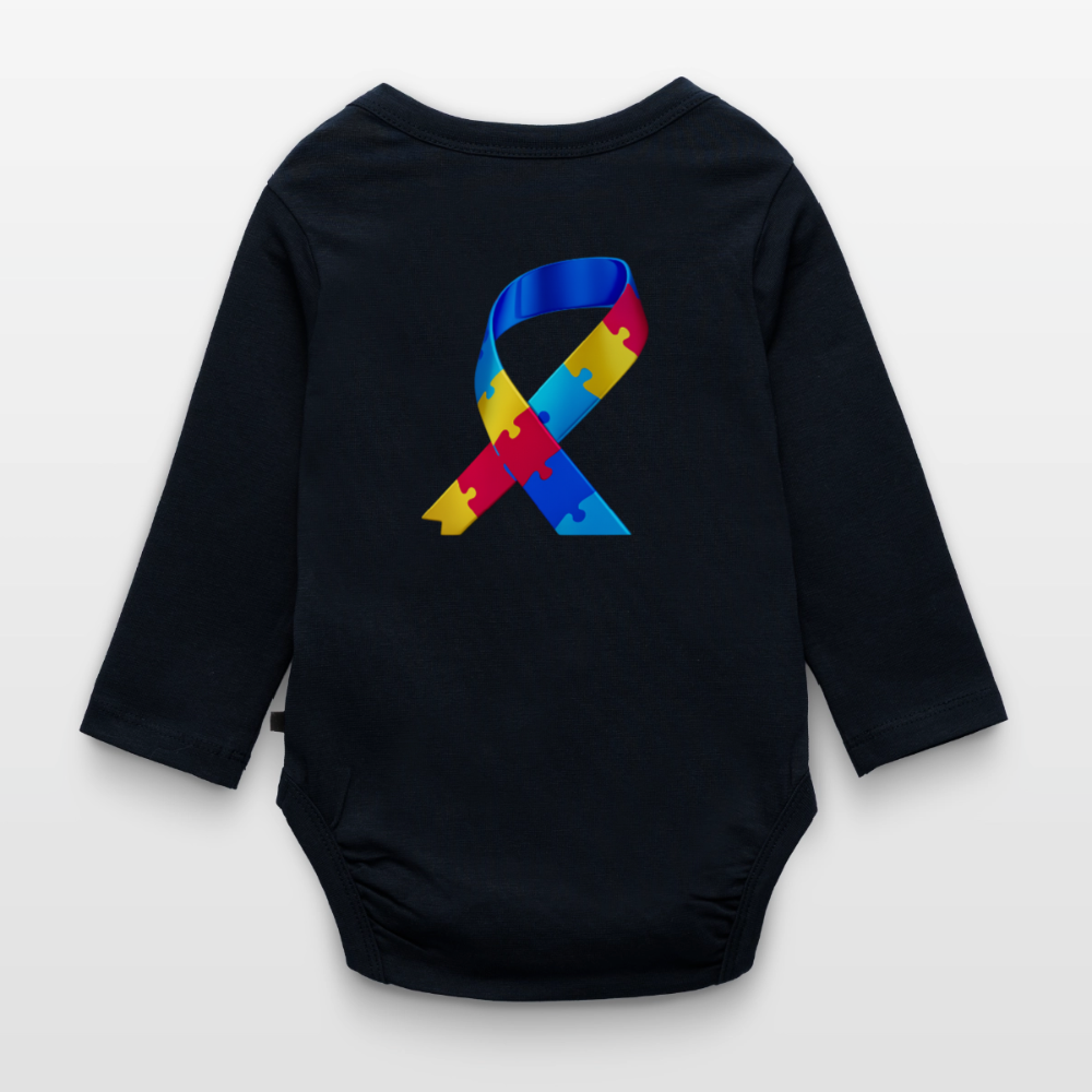 Body Bébé bio manches longues - Peace jaune trisomie - bleu marine