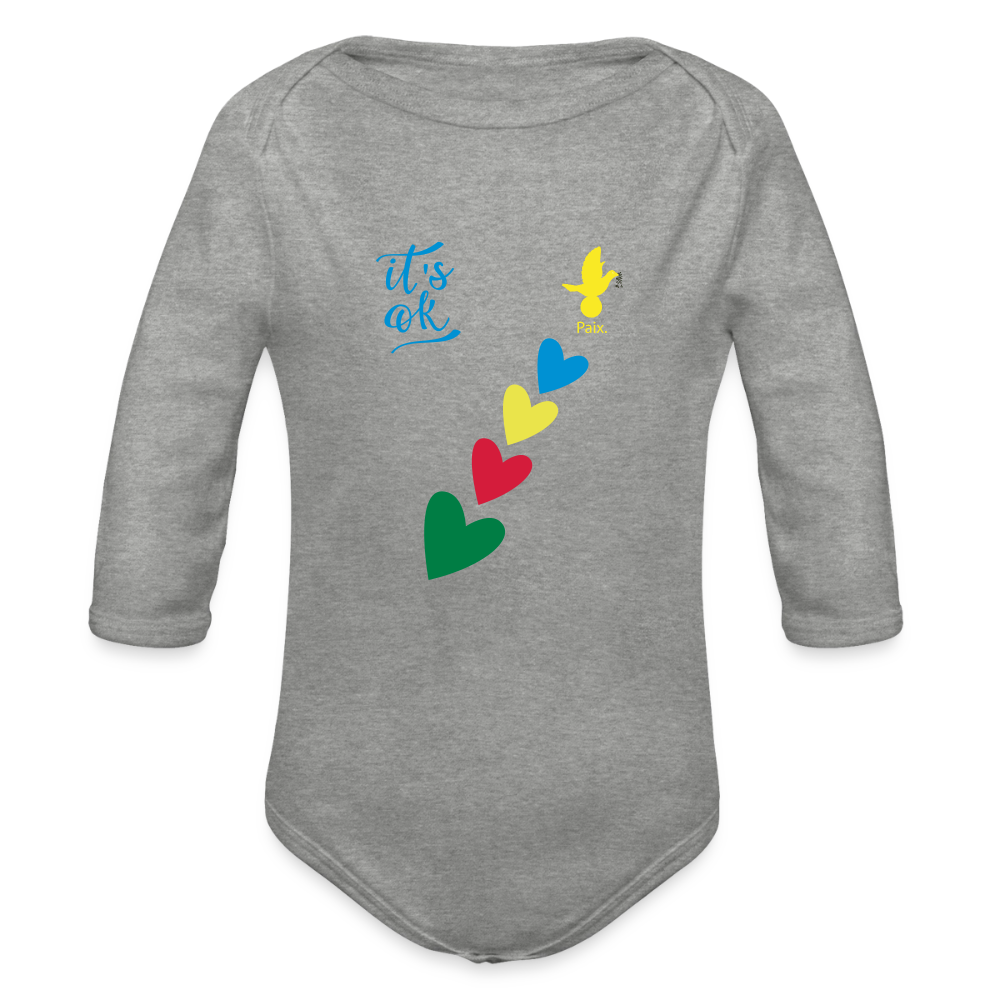 Body Bébé bio manches longues - Peace jaune trisomie - gris chiné