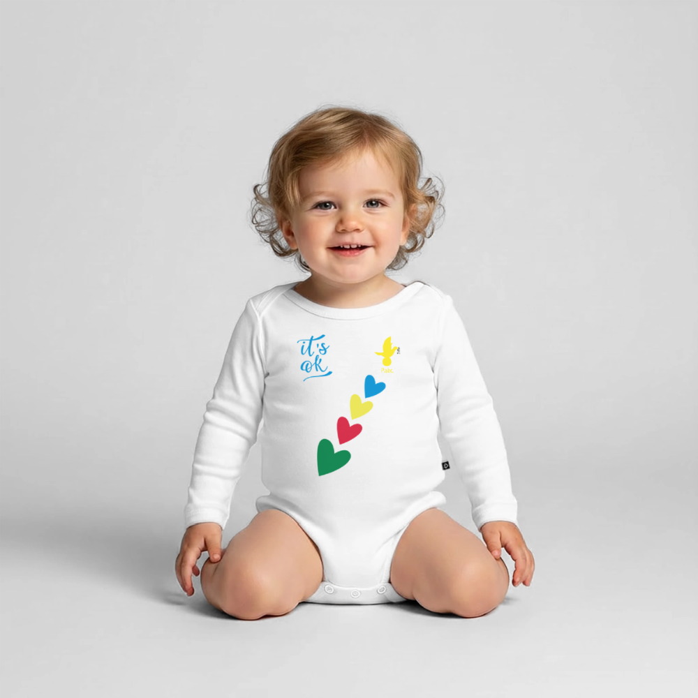Body Bébé bio manches longues - Peace jaune trisomie - blanc