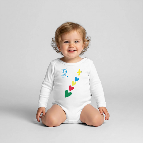 Body Bébé bio manches longues - Peace jaune trisomie - blanc