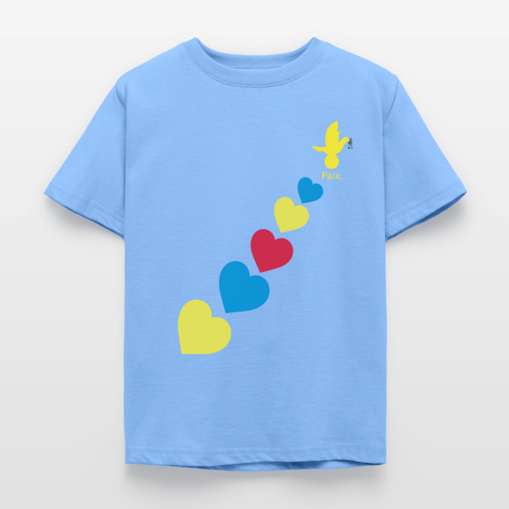 T-shirt Enfant trisomie 21 Paix jaune - Lusoquot - bleu ciel