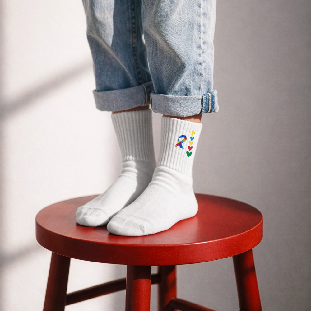 Chaussettes de tennis bio enfant - Peace jaune trisomie21 - blanc